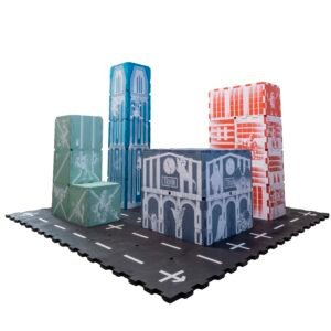 Complete city set with four foam EVA buildings with black streets around the base of each.