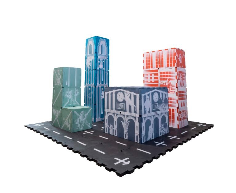 Complete city set with four foam EVA buildings with black streets around the base of each.