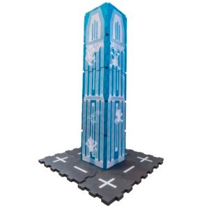 Tall blue EVA foam tower with monkey and ape design and black street around the base
