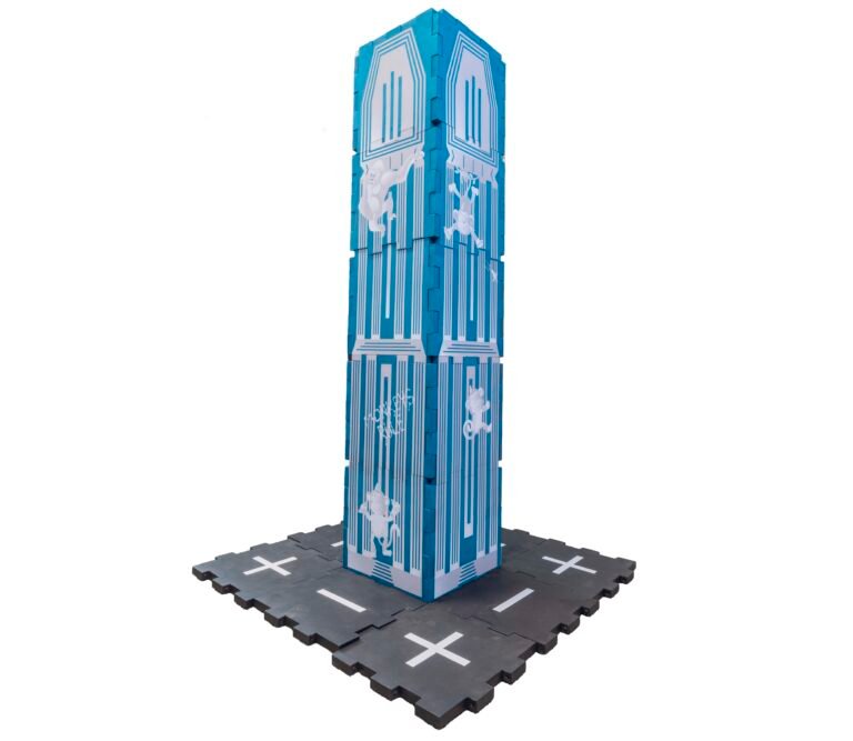 Tall blue EVA foam tower with monkey and ape design and black street around the base