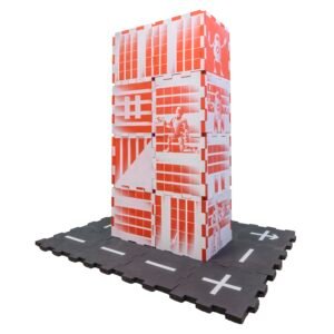 Tall foam red tile building with battling robots and alien design and black streets encircling the base.