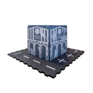 EVA foam tile haunted ghost train station with black street around it