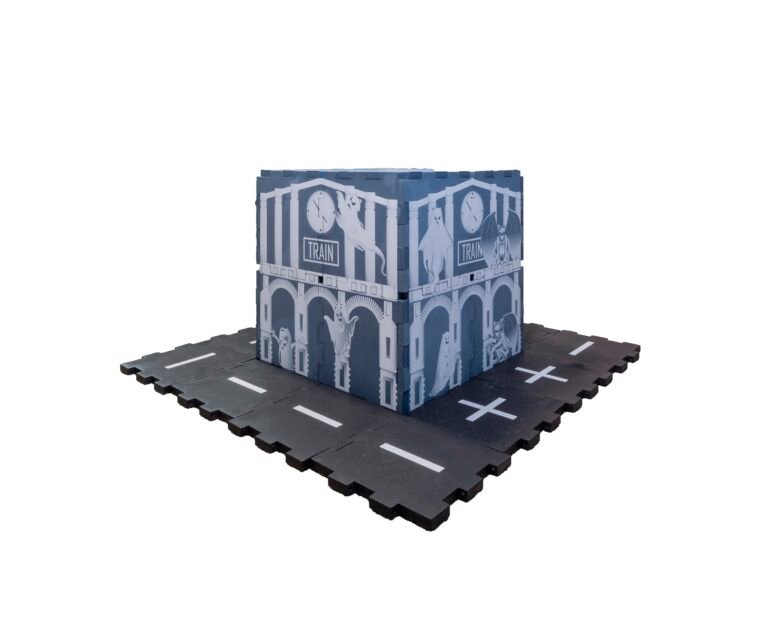 EVA foam tile haunted ghost train station with black street around it