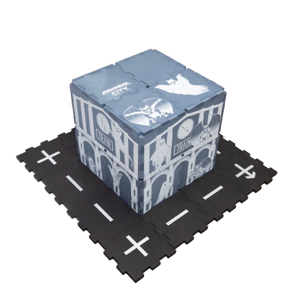 EVA foam tile haunted ghost train station with black street around it