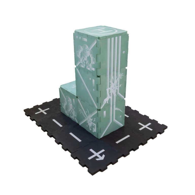 Green soft EVA foam tile factory with stonemen battling electricity and black street tiles at the base.