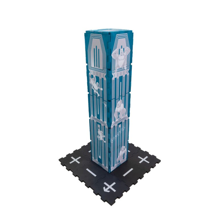 Blue soft EVA foam tile pandemonium tower with monkeys battling gorillas and black street tiles at the base.
