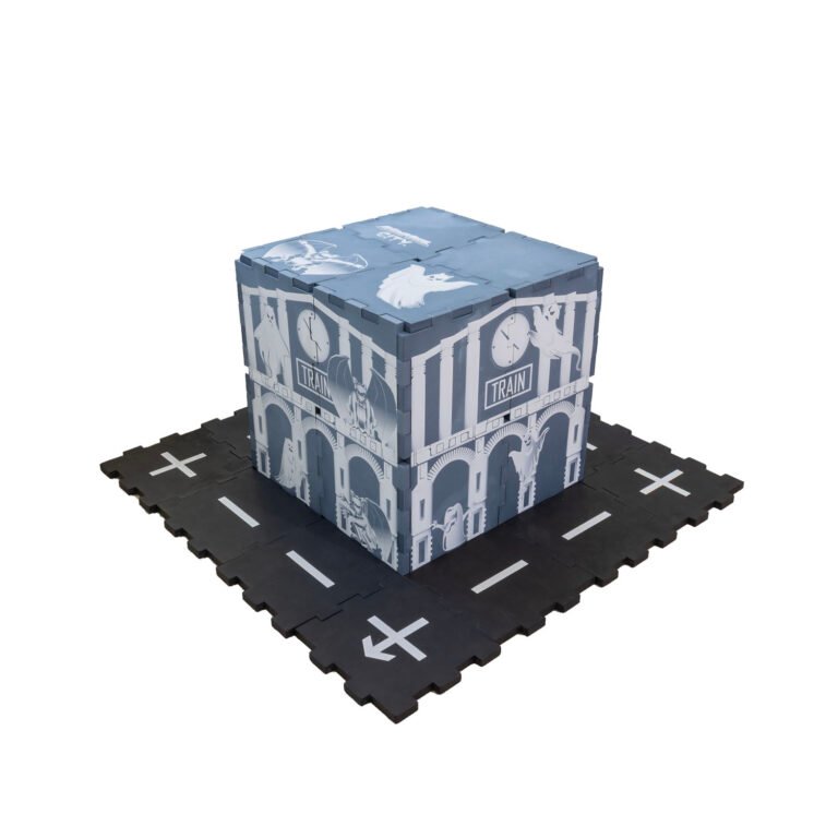 Gray soft EVA foam tile train station with ghosts battling gargoyles and black street tiles at the base.