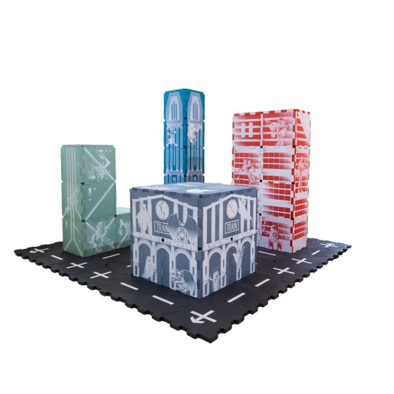 Complete Rampage City soft EVA foam tile city with train station, factory, battle building and tower and black street tiles at the base for STEM.