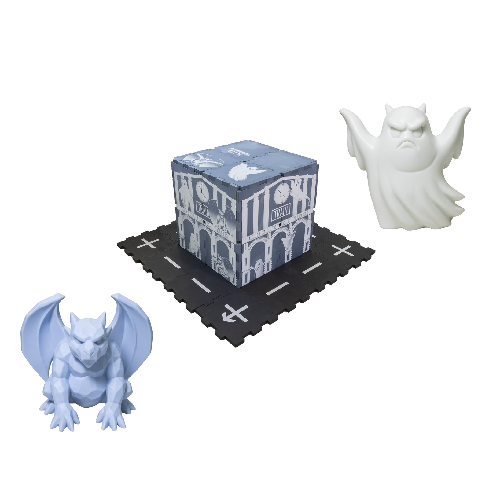 Gargoyle and ghost toy with foam tile haunted train station of Rampage City Toy